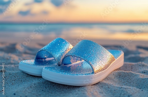 A pair of chic slip-on sandals embellished with crystals, set on a serene pebble shore. The blend of shimmering design and beach backdrop creates a luxurious yet calming vibe. photo