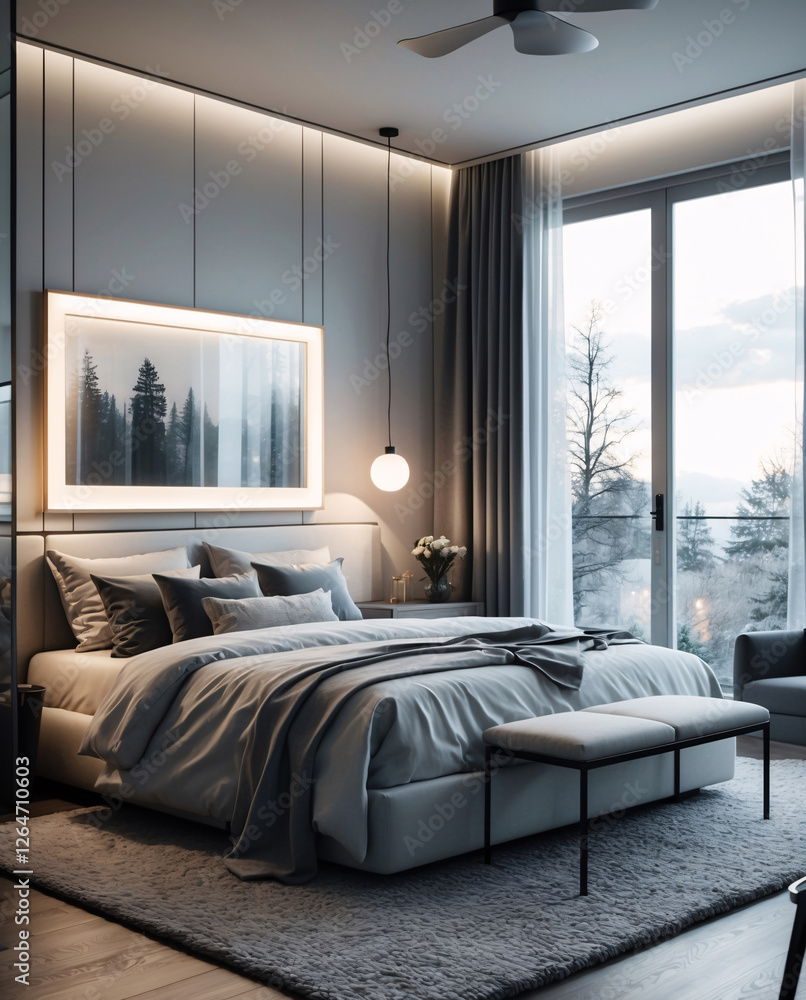 Fototapeta premium Cozy Scandinavian bedroom with neutral furniture inviting bed stylish mirror lamp and serene nature views visible from the window Modern Interior Design Inspiration