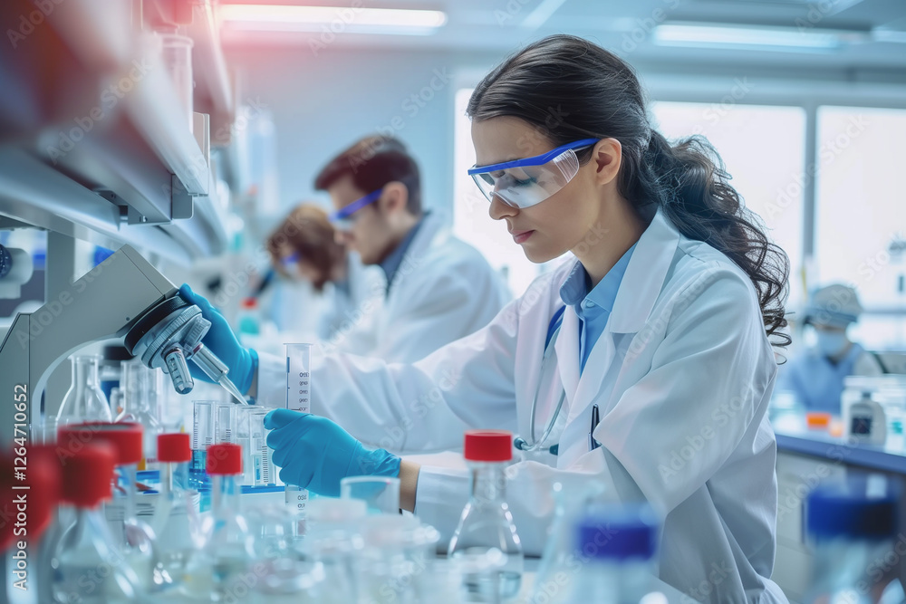 Scientist wearing protective blue suit works with microscope in medical laboratory. Scientist wearing protective blue suit works with microscope in medical laboratory.