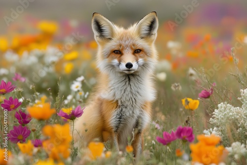 Fox standing among colorful wildflowers in a vibrant natural setting during s...
