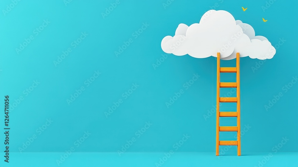 Bright Orange Ladder Reaching For Soft White Clouds Against Cyan Background Bright Orange Ladder Reaching For Soft White Clouds Against Cyan Background