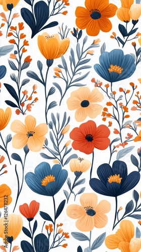 Bright floral pattern featuring colorful flowers against a light background