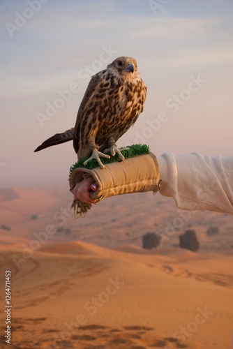 Canvastavla Falcon perched on a gloved hand in the Arabian desert at sunset: A majestic falcon resting on a falconry glove against the scenic backdrop of sand dunes at sunset, symbolizing Arabian heritage