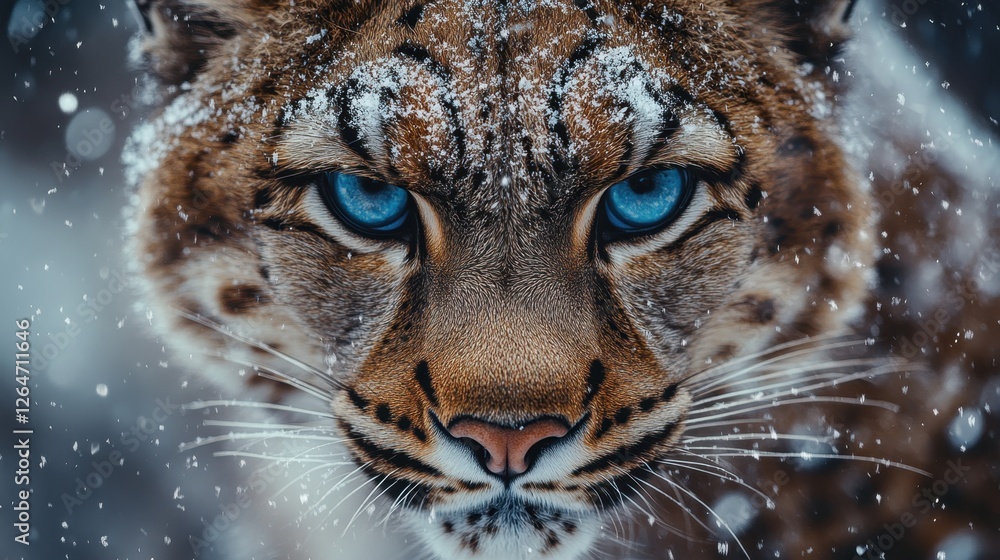 Lynx face covered in snow with blue eyes Lynx face covered in snow with blue eyes