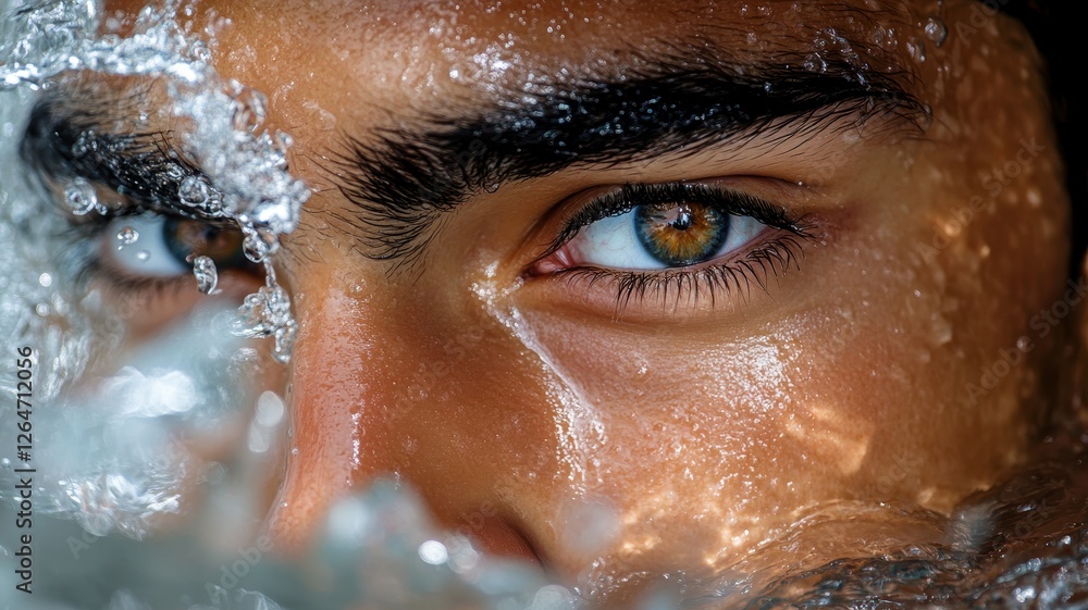 Fototapeta premium Determined swimmer's expression during competition poolside close-up photography sports environment intense view