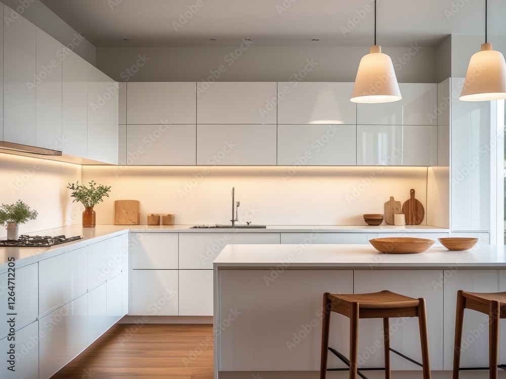 Fototapeta premium Bright modern kitchen featuring white cabinets and wooden accents