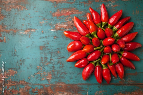 Fresh red chili peppers arranged in a decorative pattern on a rustic wooden t...