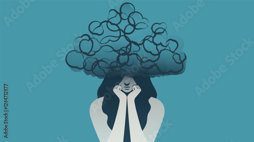 dark mentality, woman with messy dark fog - cloud on head. nerve system. vector illustration  