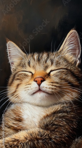 Cat relaxing peacefully with eyes closed against a dark background