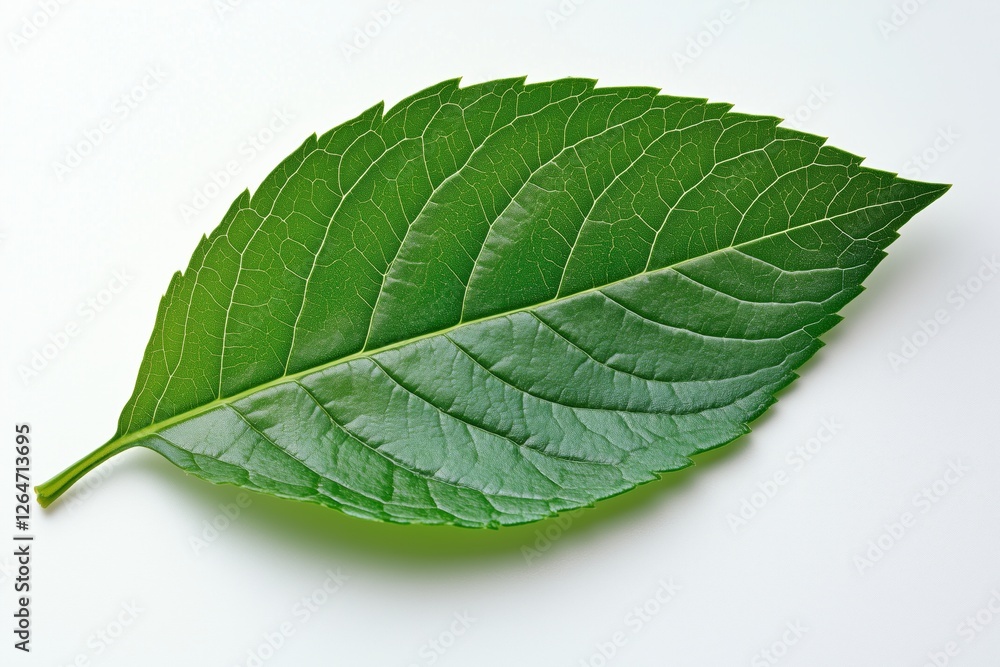 Obraz premium Detailed close-up of a green leaf showcasing intricate vein patterns on a light background