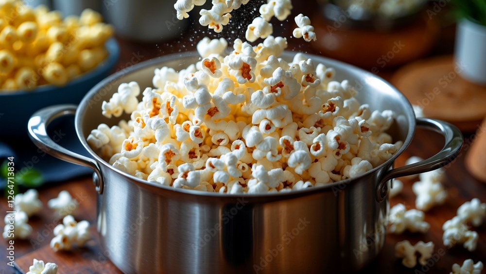 Freshly popped popcorn in a cozy kitchen scene Freshly popped popcorn in a cozy kitchen scene