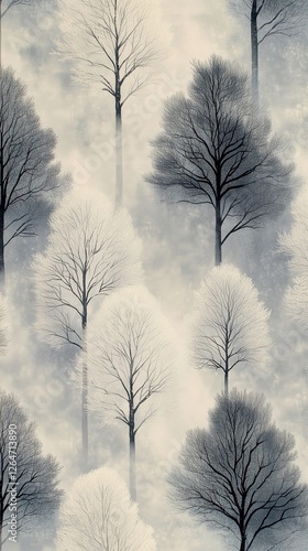 Snow-covered landscape features bare trees arranged in a symmetrical pattern ...