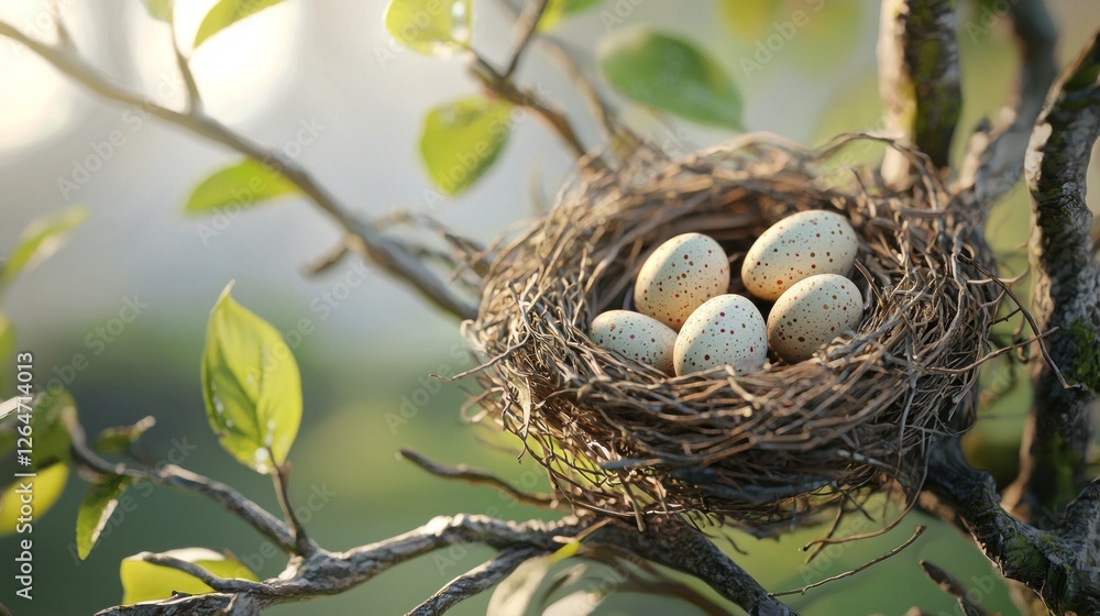 Delicate bird nest cradles beautifully speckled Easter eggs, resting on slender branches adorned with lush green leaves while warm sunlight filters through the trees, creating a serene atmosphere Delicate bird nest cradles beautifully speckled Easter eggs, resting on slender branches adorned with lush green leaves while warm sunlight filters through the trees, creating a serene atmosphere