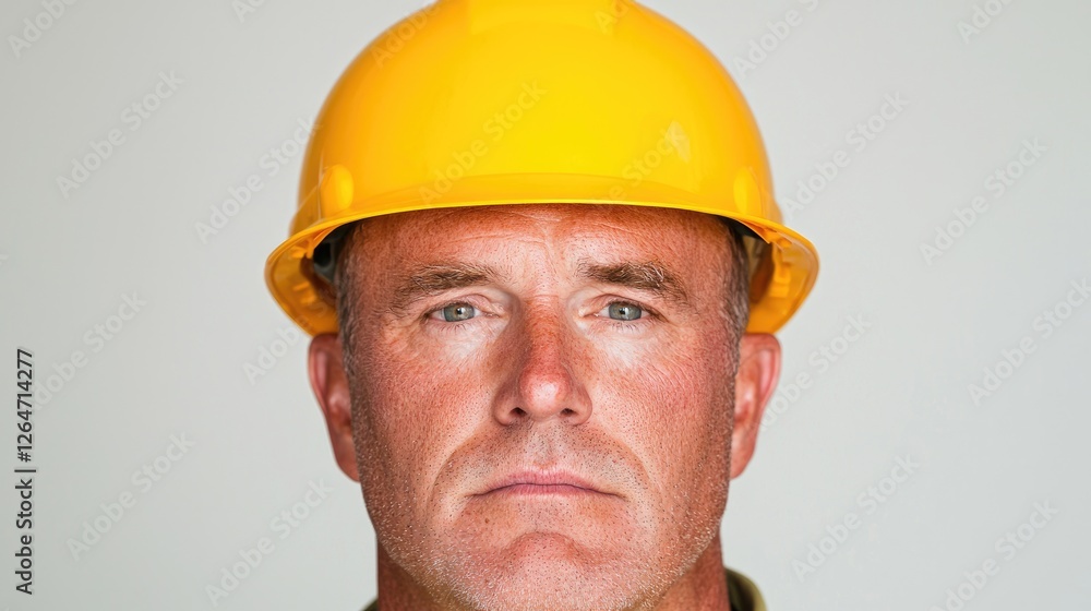 Serious construction worker portrait, neutral expression, gray background. Possible use stock photo for construction industry Serious construction worker portrait, neutral expression, gray background. Possible use stock photo for construction industry