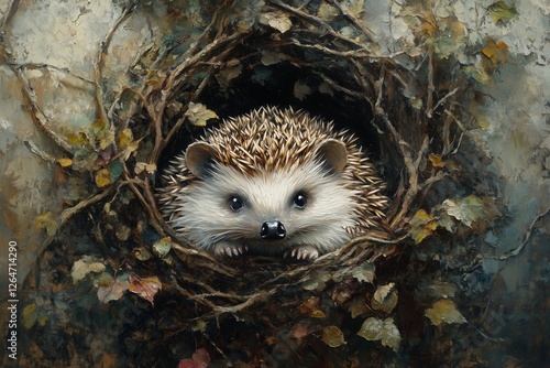 Hedgehog peeks out from a nest surrounded by autumn leaves in a serene forest...