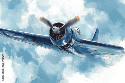 Vintage blue aircraft flying above clouds on a clear day showcasing its detai...