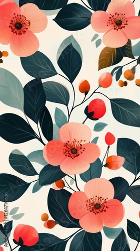Bright pink flowers with green leaves on a soft background create a serene pa...