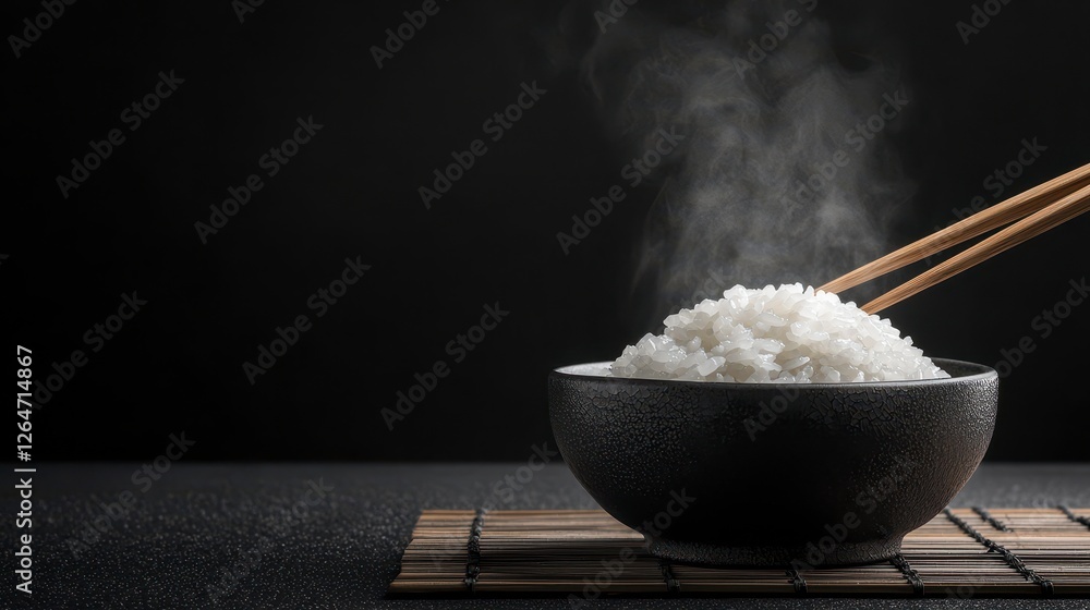 Japanese rice Steaming bowl of rice with chopsticks Japanese rice Steaming bowl of rice with chopsticks