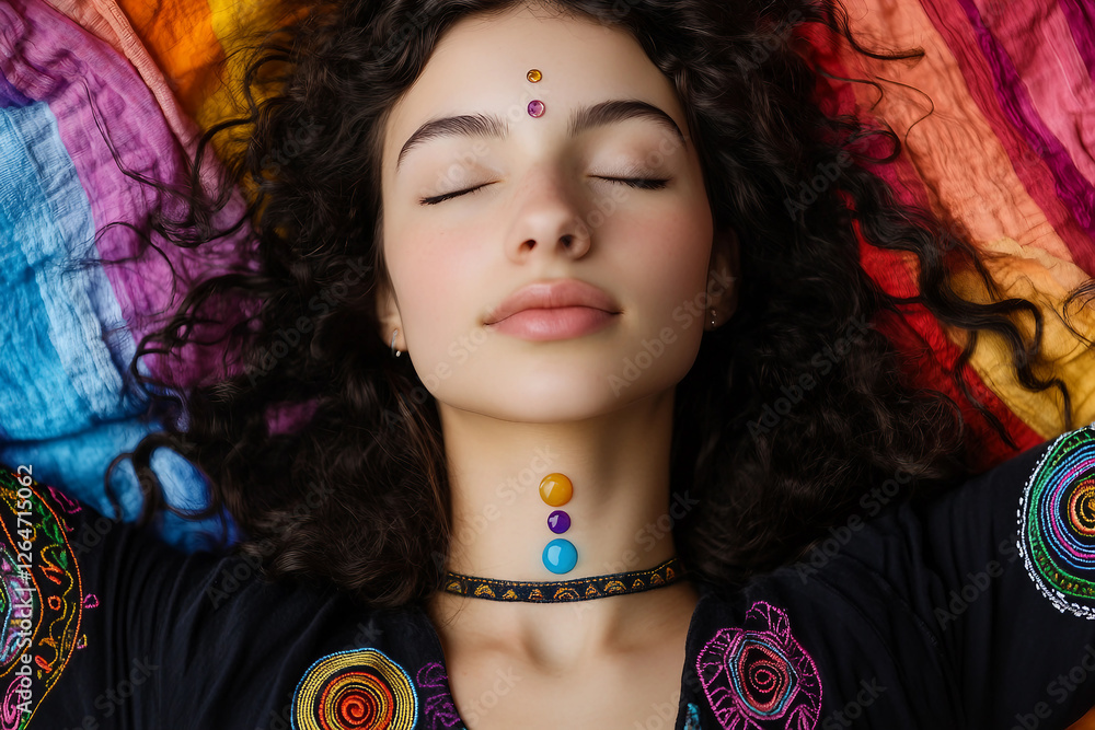 Obraz premium Young woman embracing yoga traditions with a serene expression, promoting mindfulness and mental health, Generative AI