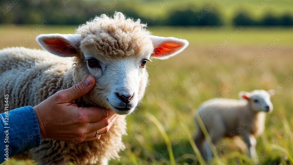 Obraz premium Gentle hand petting fluffy lamb on sunny day