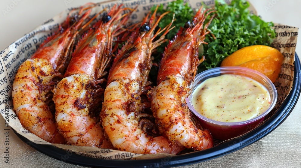 Deliciously prepared shrimp served with dipping sauces and garnished with greens Deliciously prepared shrimp served with dipping sauces and garnished with greens