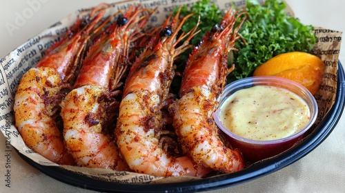 Deliciously prepared shrimp served with dipping sauces and garnished with greens