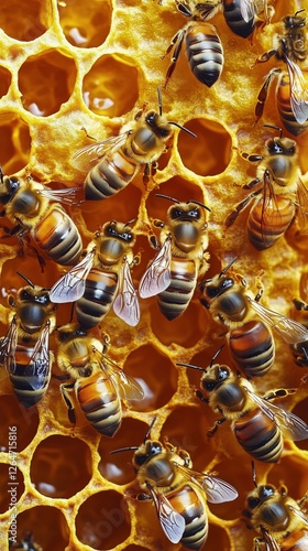 Bees gathering nectar and creating honey in a beehive during a sunny afternoo...