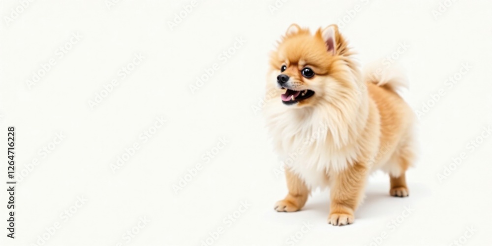 A fluffy, light brown Pomeranian dog stands alert, its tongue slightly visible, against a plain white background. A fluffy, light brown Pomeranian dog stands alert, its tongue slightly visible, against a plain white background.