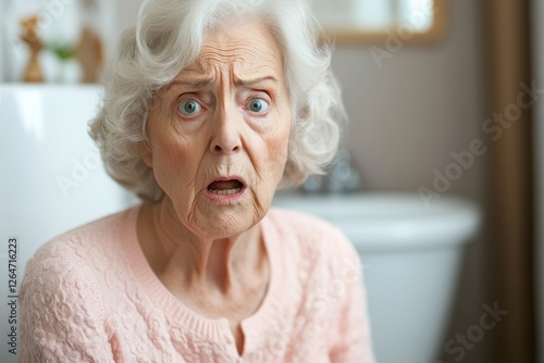 Surprised Elderly Woman's Expression: Fear and Concern in Everyday Moments photo