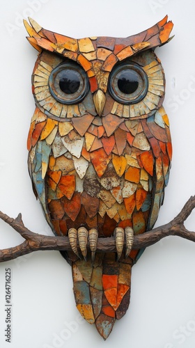 Colorful mosaic owl sculpture displayed on a wall, showcasing vibrant orange ...