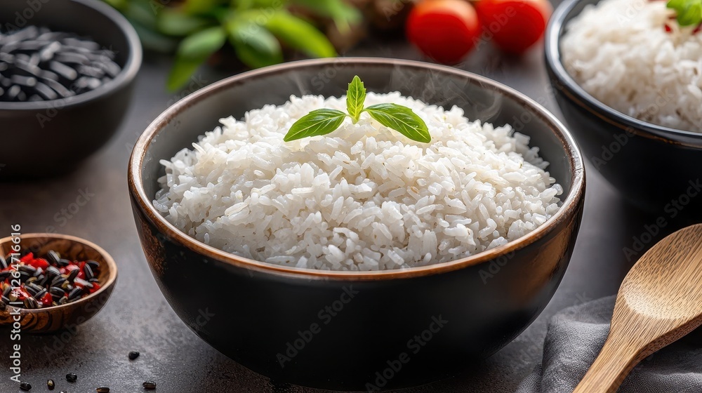 Japanese rice Bowl of fluffy white rice with herbs Japanese rice Bowl of fluffy white rice with herbs