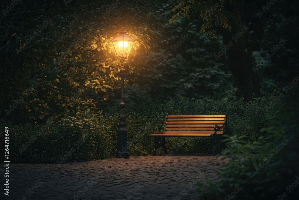 Evening park bench under lantern light Evening park bench under lantern light