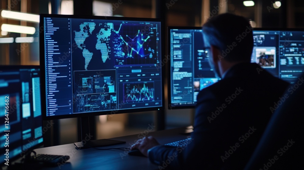 Man analyzing global data on monitors in dark office Man analyzing global data on monitors in dark office