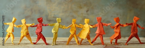 A stunning arrangement of vibrant origami figures forming a circle, symbolizing unity, community, and diversity, depicted in a warm palette against a textured backdrop.