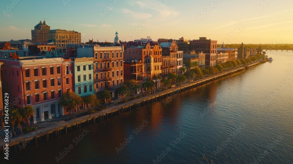 Obraz premium Aerial view of colorful historic buildings along a serene river at sunset