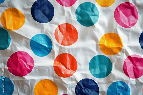 Colorful polka dot pattern on textured wallpaper in a bright, cheerful setting