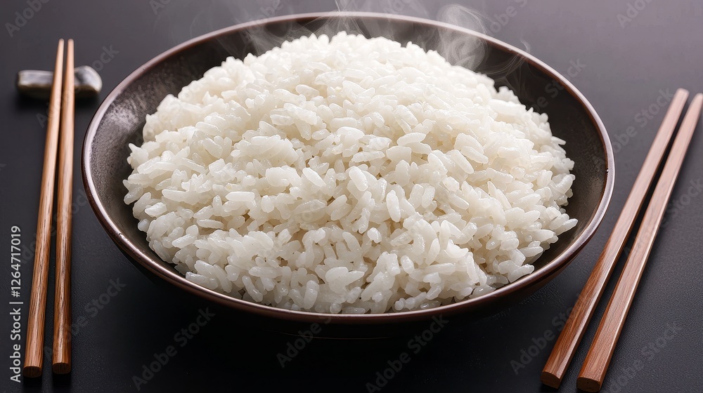 Japanese rice Steaming bowl of white rice with chopsticks Japanese rice Steaming bowl of white rice with chopsticks