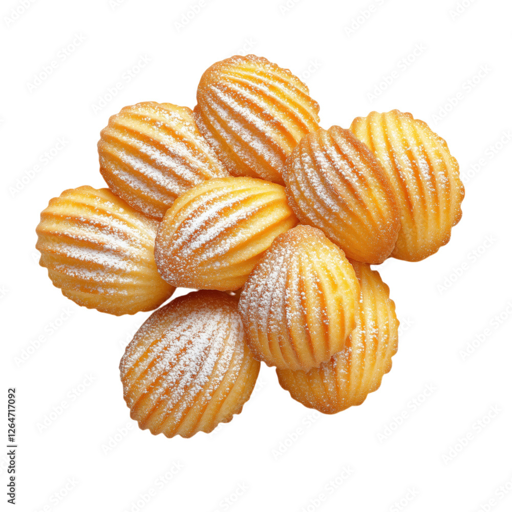 Pile of golden madeleine cookies with powdered sugar, isolated on a transparent background. Pile of golden madeleine cookies with powdered sugar, isolated on a transparent background.