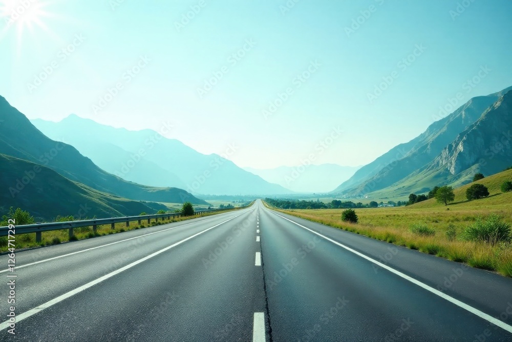 Fototapeta premium Asphalt ribbon unwinding through a serene valley, flanked by majestic mountains under a clear sky, promising an adventurous journey ahead.