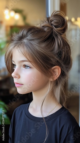 Young girl with beautiful hair and soft expression in a cozy indoor setting