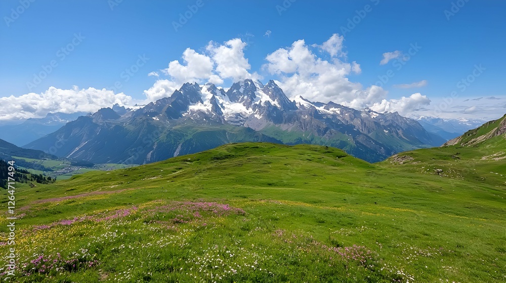 Fototapeta premium Alpine Meadow Landscape with Snow Capped Mountain Peak