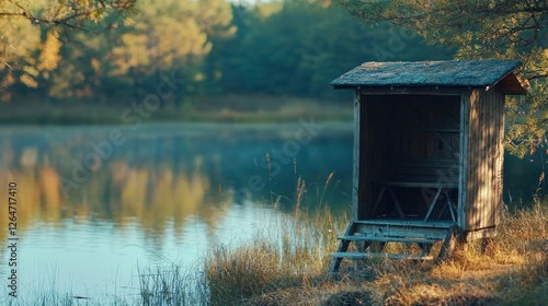 A hunting blind overlooking a serene lake in a wilderness setting. photo