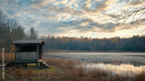 A hunting blind overlooking a serene lake in a wilderness setting. photo