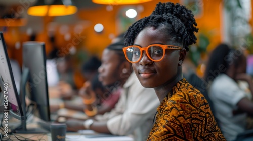 Fototapeta Naklejka Na Ścianę i Meble -  A woman wearing stylish orange glasses smiles confidently while working in a lively co working space filled with focused individuals at their computers.