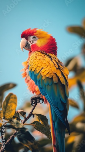 Brightly colored parrot perched on a branch against a clear blue sky