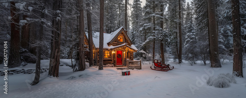 Santa s Cozy Hideout   A whimsical cabin with a sleigh parked nearby photo