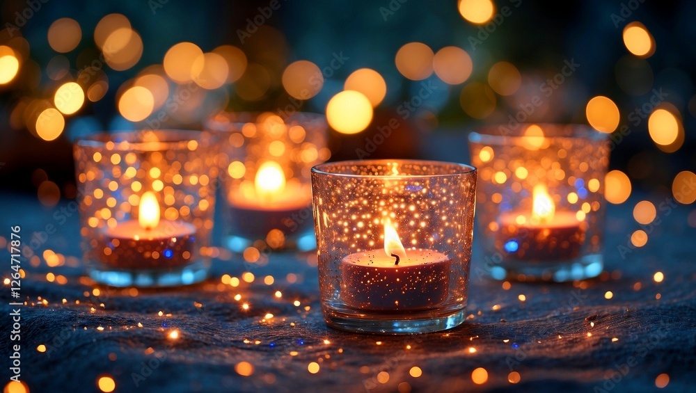 Glowing candle holders creating enchanting bokeh atmosphere Glowing candle holders creating enchanting bokeh atmosphere