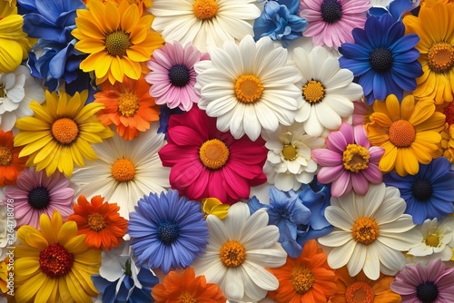 Bright and colorful artificial flowers arranged on a wall for decoration in a...