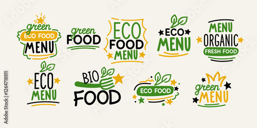 An isolated image in the background. Vector graphics. Illustration of a healthy diet. Different food labels. Trendy graphics.