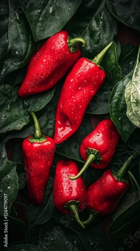 Fresh red peppers arranged on dark green leaves in a vibrant and appetizing c...